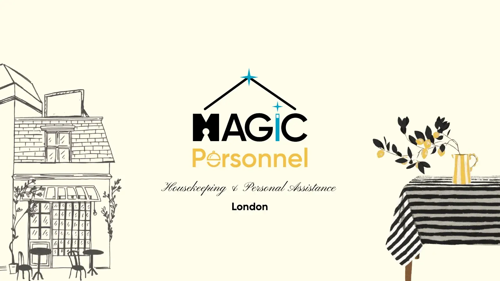 Magic Personnel logo lockup with a roof, a magic wand and a cloche, between hand-drawn illustrations