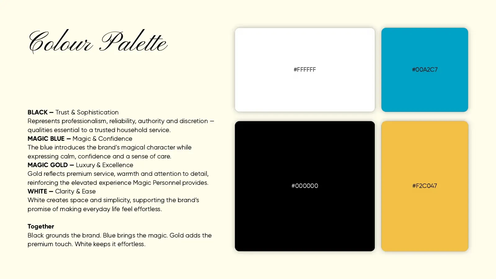 Colour palette: black, magic blue, magic gold and white