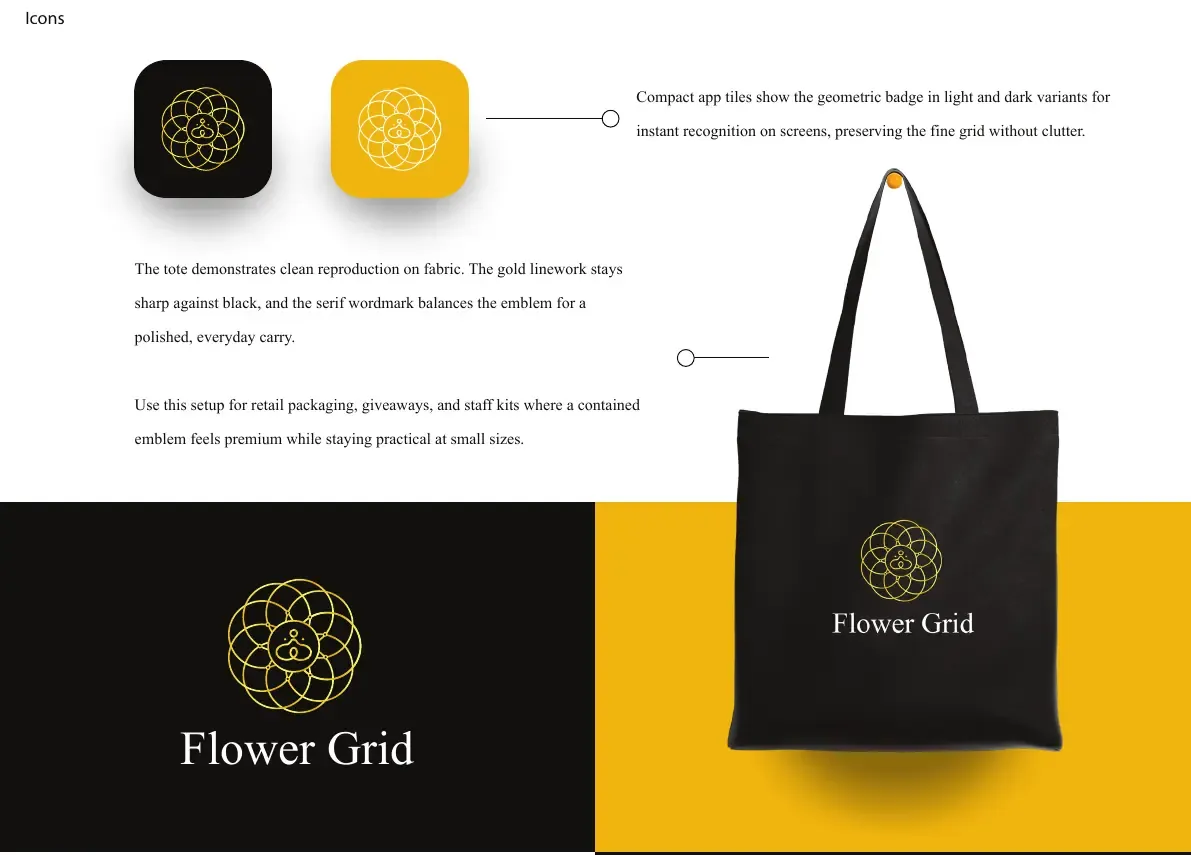 App icon tiles in black and gold, and a black tote bag with the logo