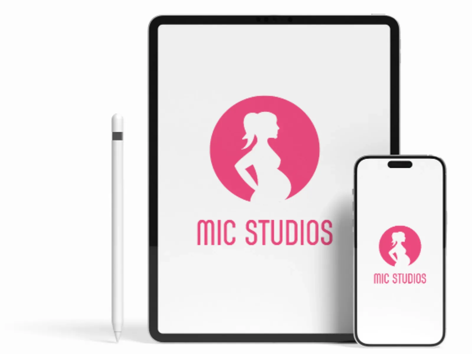 MIC Studios logo on a tablet and a phone