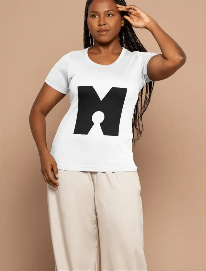 T-shirt printed with the keyhole M mark