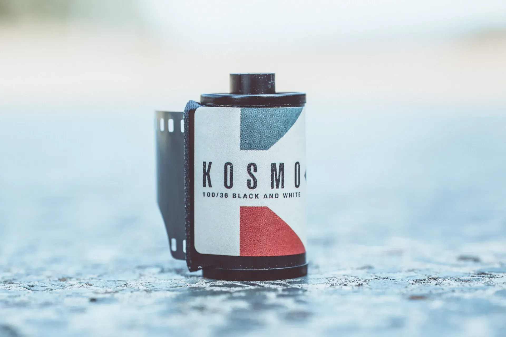 A roll of black and white 35mm film standing upright on a rough surface