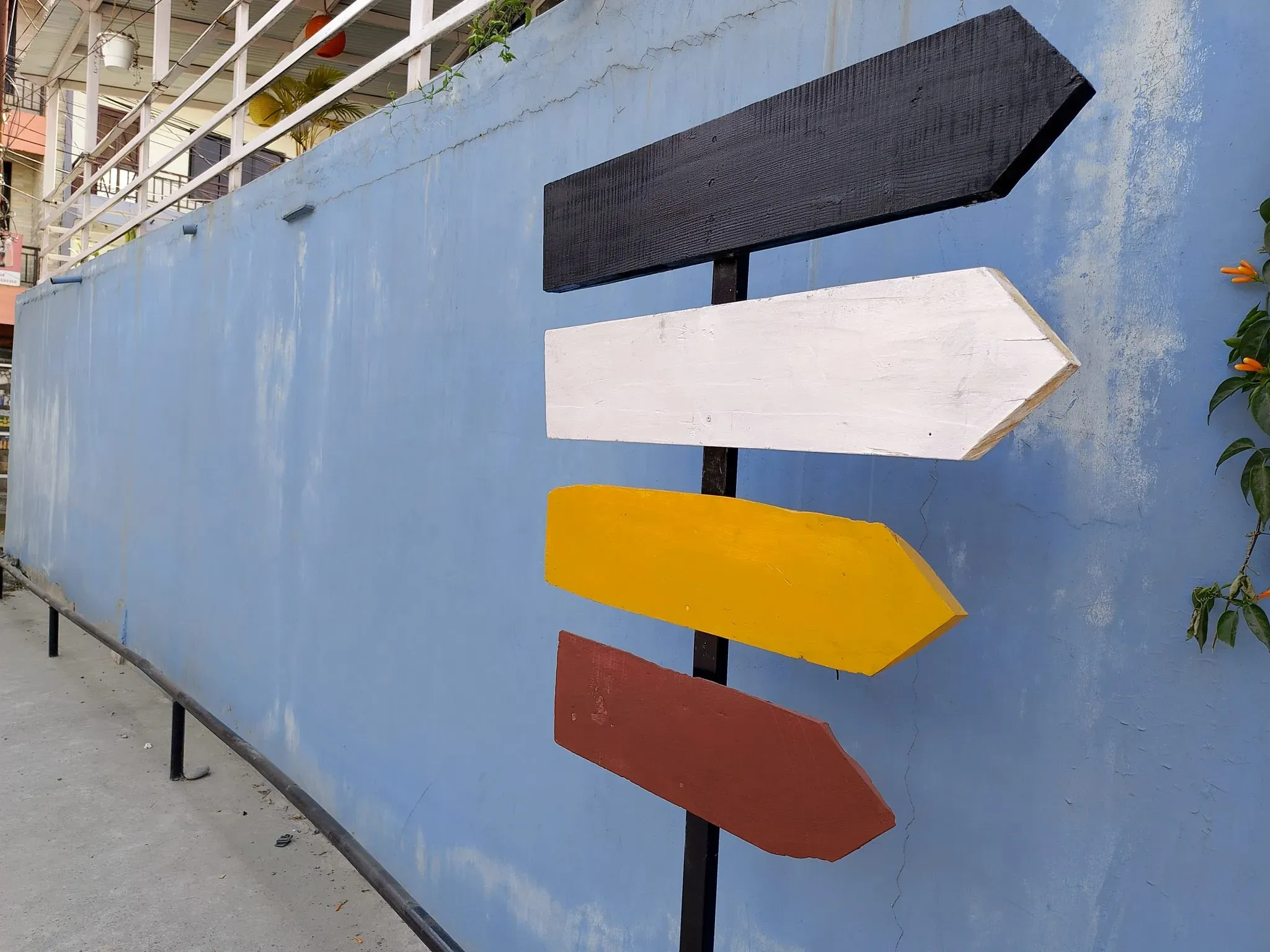 Directional signposts in several colours pointing different ways