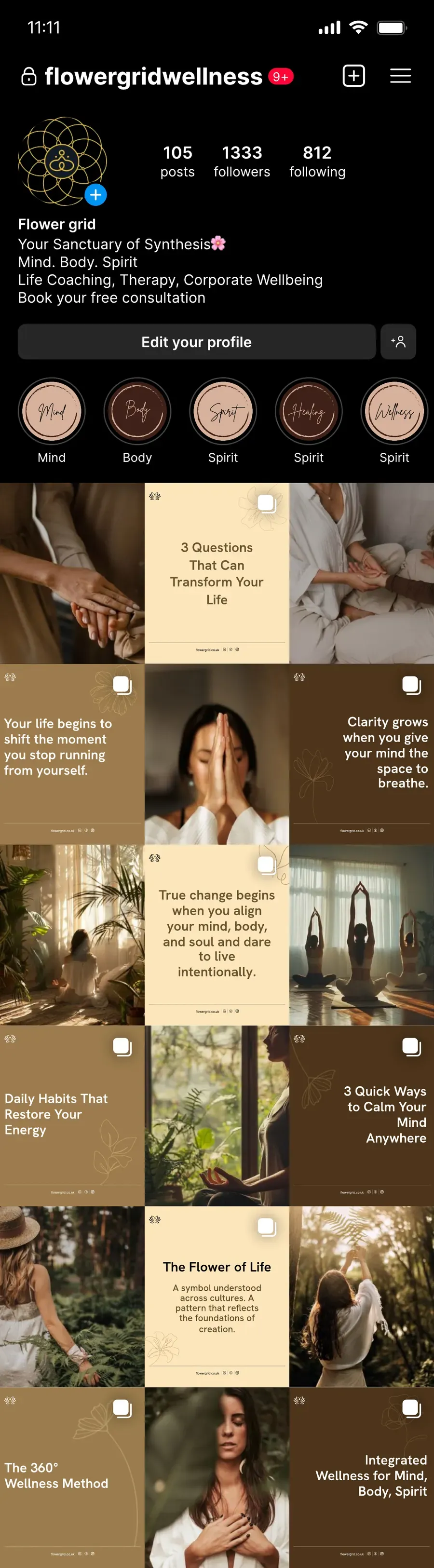 Complete Instagram profile and grid design for a wellness brand mixing warm photography with gold and brown quote posts