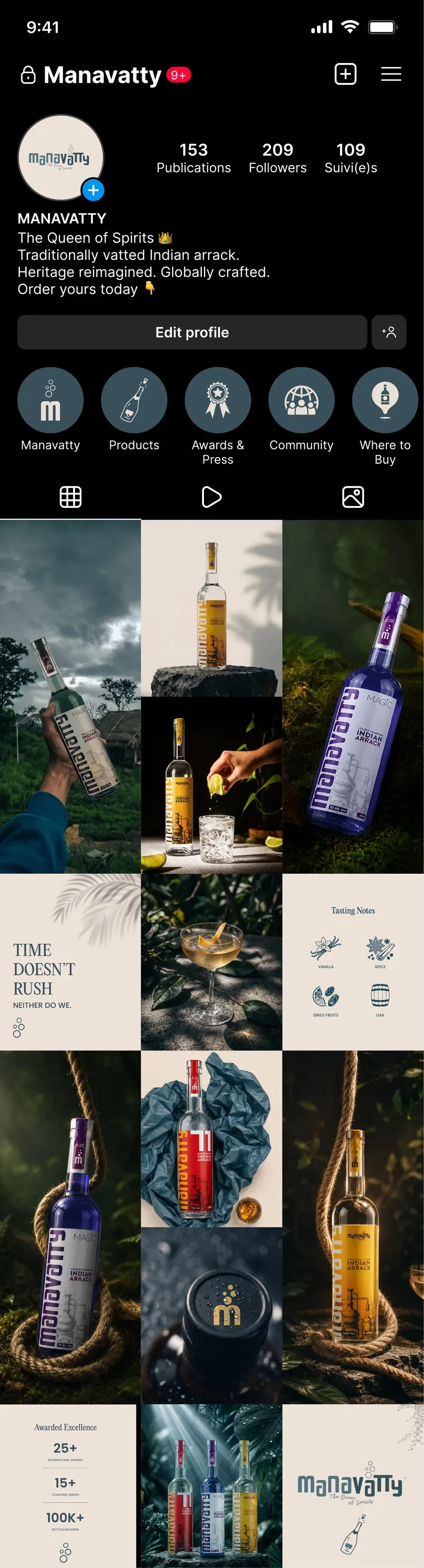 Complete Instagram profile and grid design for a spirits brand: bottles shot in rainforest and studio settings