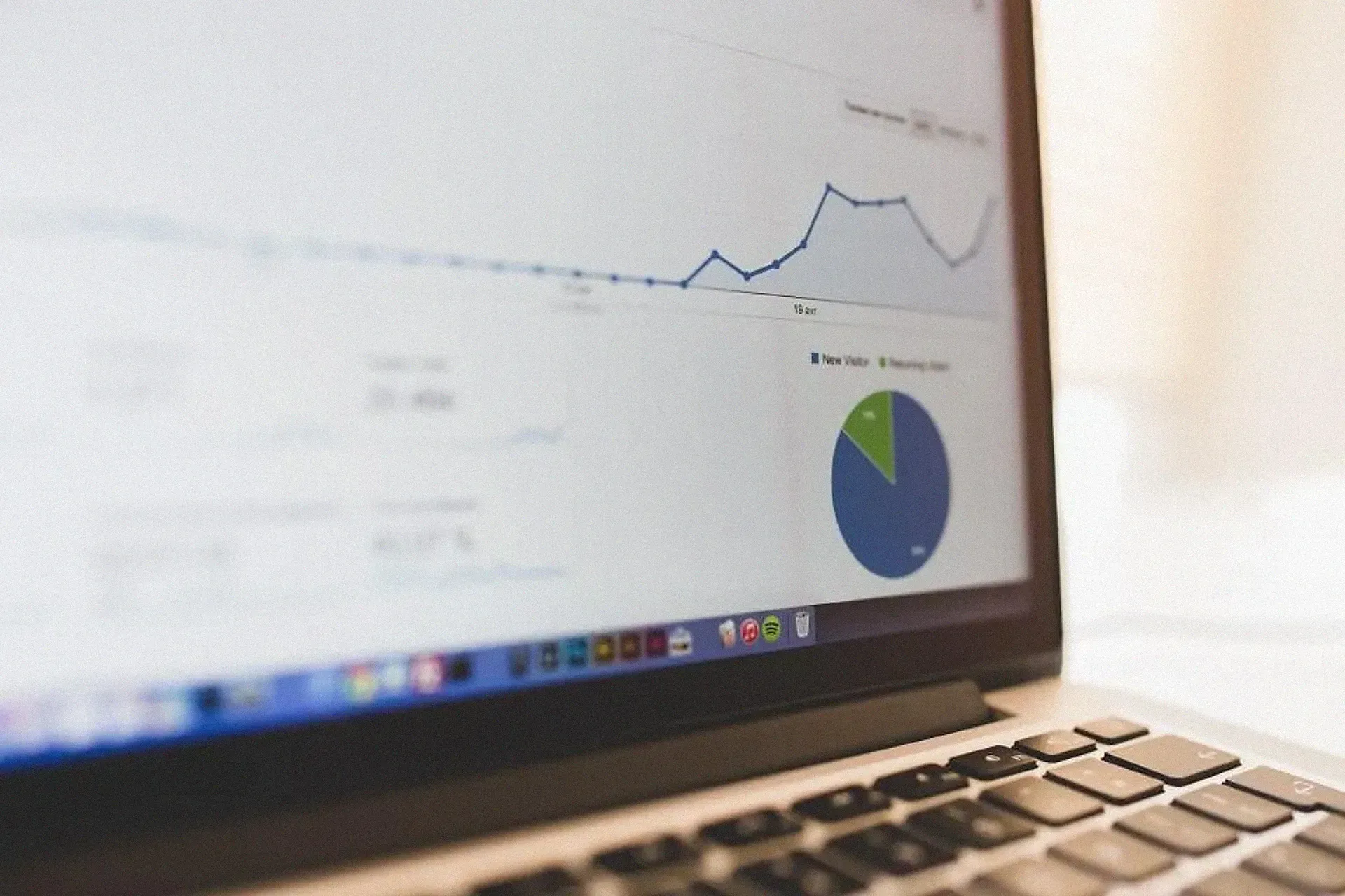 A laptop screen showing an analytics dashboard with a line chart and pie chart