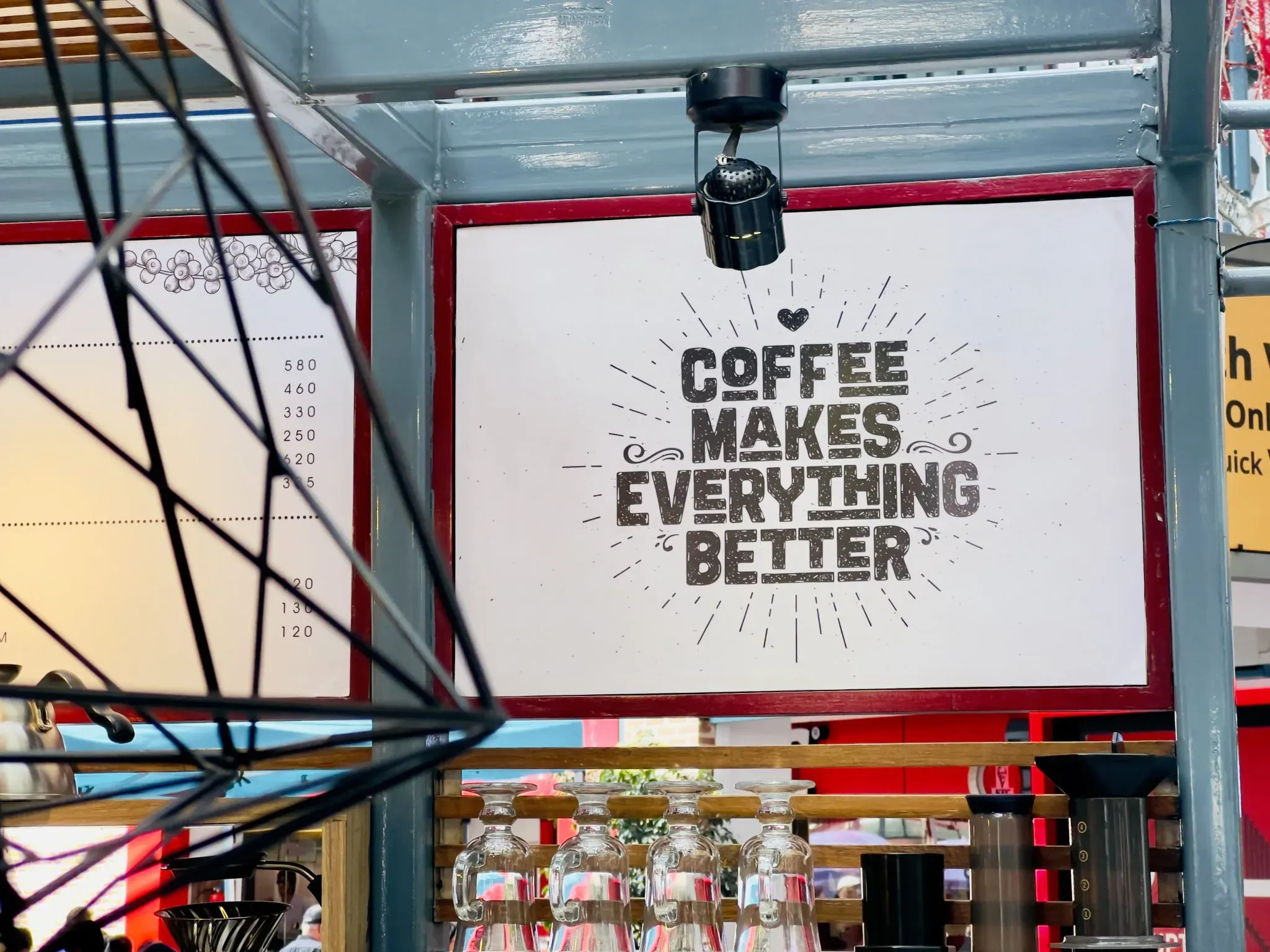 A cafe sign reading Coffee makes everything better