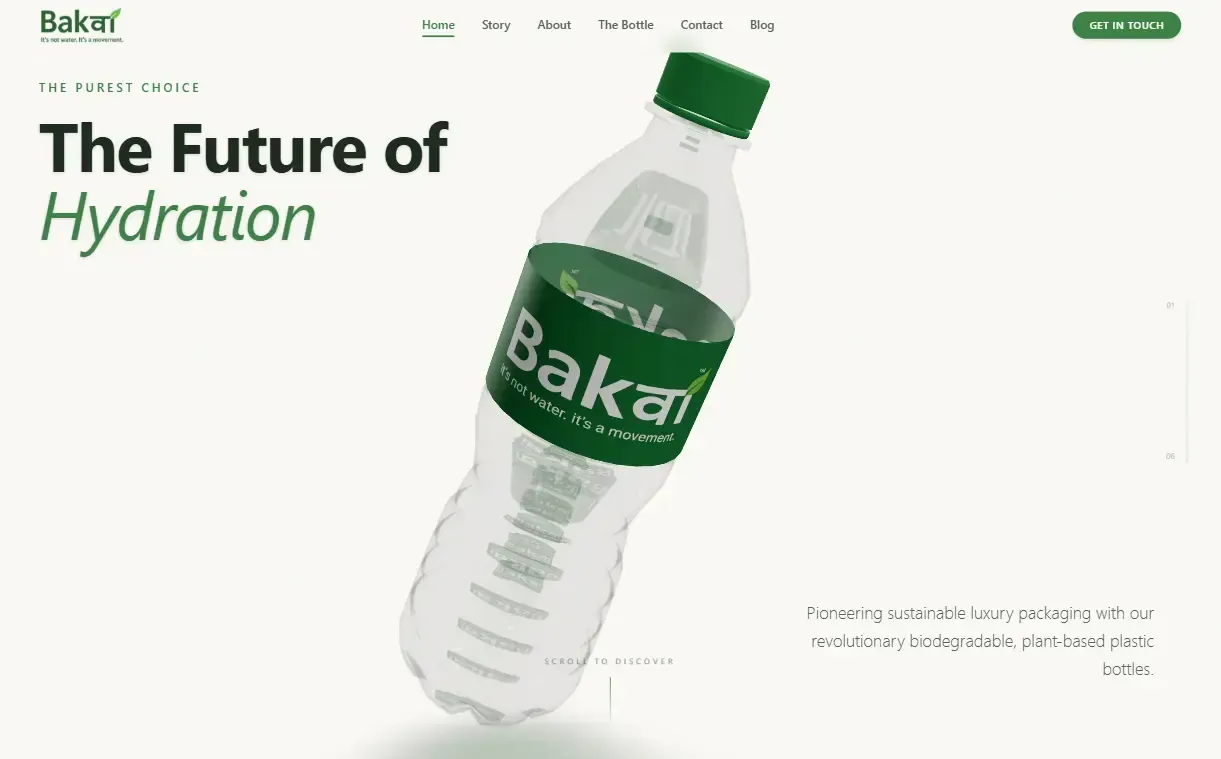 Website homepage design for a plant-based bottle brand: a tilted green-labelled bottle beside a large headline