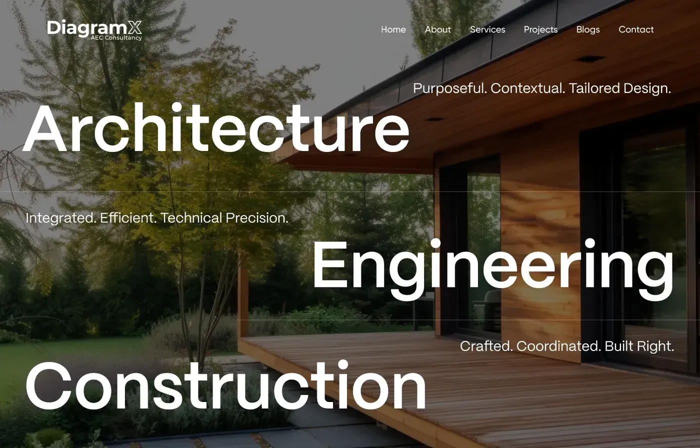 Website homepage design for an architecture and engineering consultancy: three large words over a timber house