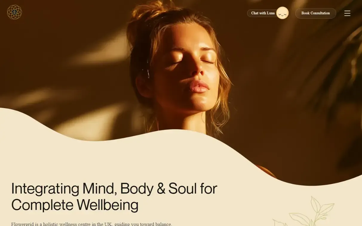 Website homepage design for a wellness centre: a calm portrait in warm light with a wave-shaped cream panel