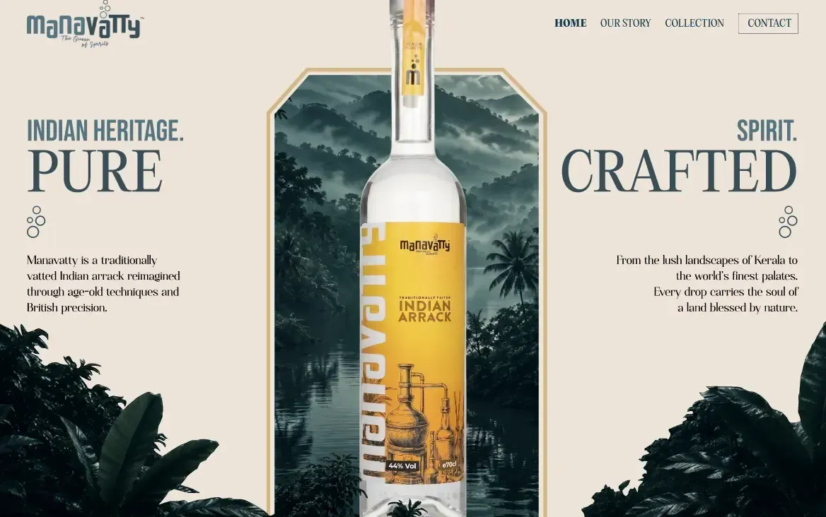 Website homepage design for a spirits brand: a bottle in an arched rainforest frame between two serif headlines