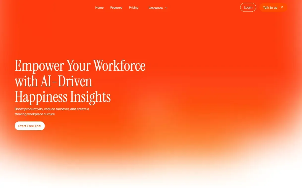 Website homepage design for workplace software: a white serif headline on a glowing orange gradient