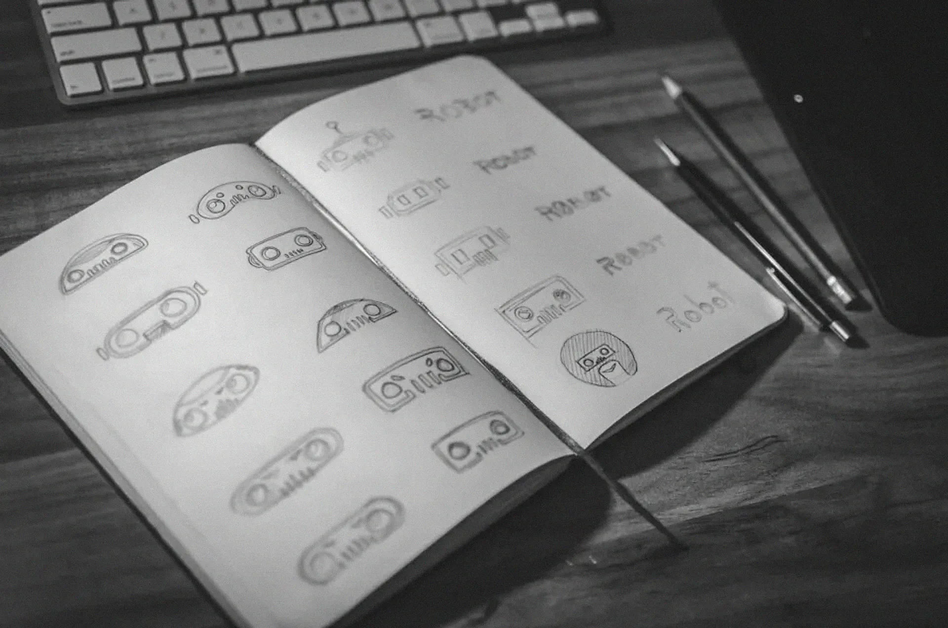 A sketchbook of logo and brand mark drawings in black and white